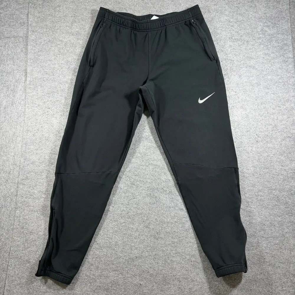 Nike Joggers Mens M Black Tapered Stretch Running Zip Pockets Ankles Back Pouch